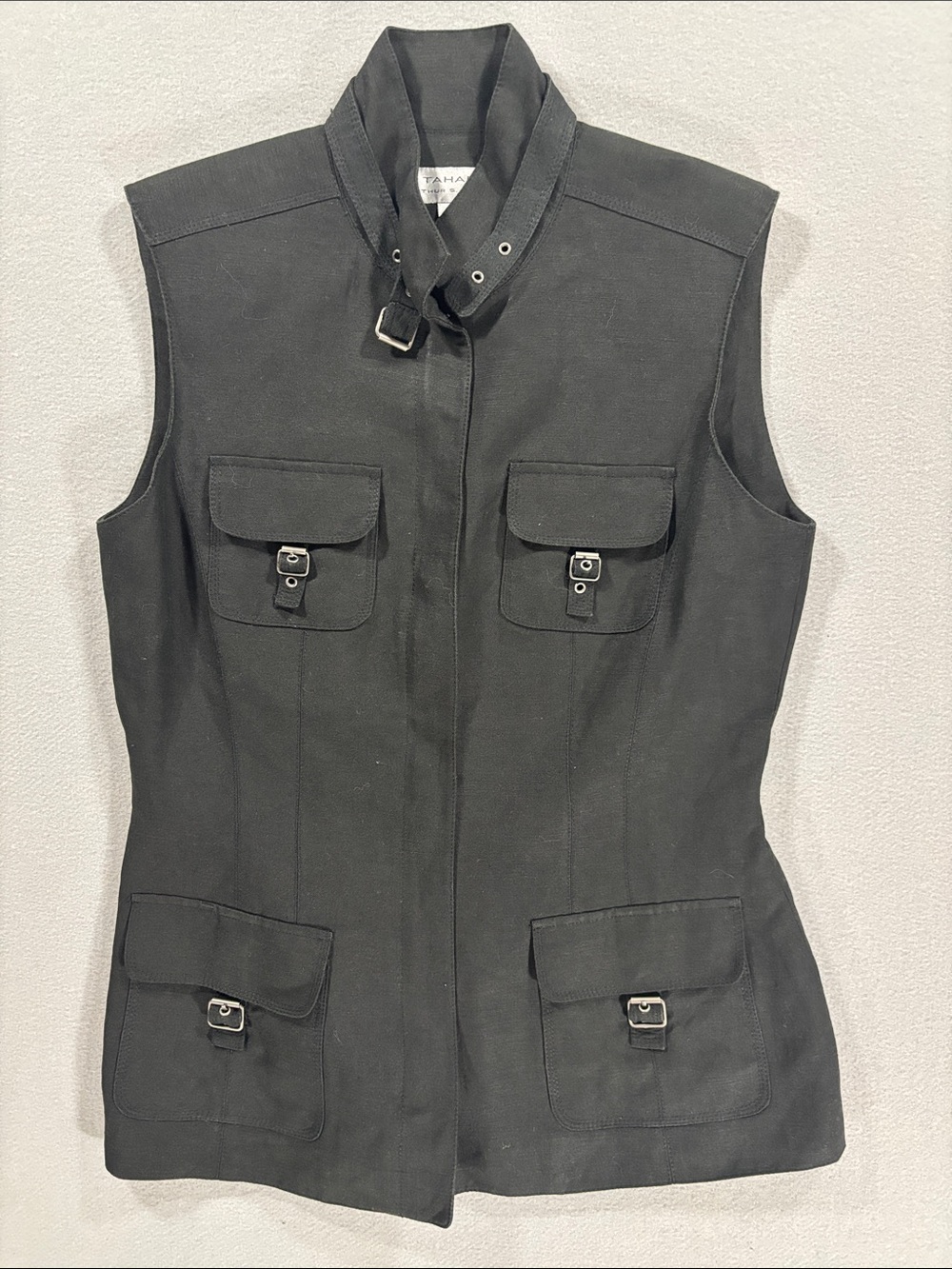 Tahari linen Black Sleeveless Utility Vest with Buckle Collar 6